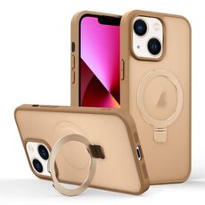 Per iPhone 13 Custodia per telefono con supporto MagSafe ad anello effetto pelle (oro deserto)