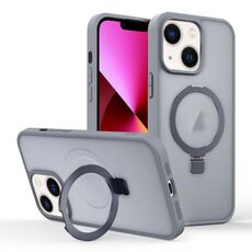 Per iPhone 13 Custodia per telefono con supporto MagSafe ad anello effetto pelle (grigio titanio)