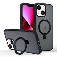 Per iPhone 13 Custodia per telefono con supporto MagSafe ad anello effetto pelle (nero)