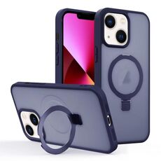 Per iPhone 13 Custodia per telefono con supporto MagSafe ad anello effetto pelle (blu scuro)
