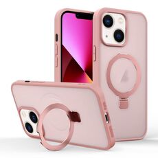 Per iPhone 13 Custodia per telefono con supporto MagSafe ad anello effetto pelle (rosa)