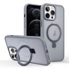 Per iPhone 12 Pro Custodia per telefono con supporto MagSafe ad anello effetto pelle (grigio titanio)