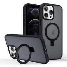 Per iPhone 12 Pro Custodia per telefono con supporto MagSafe ad anello effetto pelle (nero)