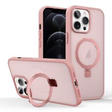 Per iPhone 12 Pro Custodia per telefono con supporto MagSafe ad anello effetto pelle (rosa)