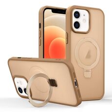 Per iPhone 12 Custodia per telefono con supporto MagSafe ad anello effetto pelle (oro deserto)