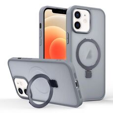 Per iPhone 12 Custodia per telefono con supporto MagSafe ad anello effetto pelle (grigio titanio)