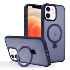 Per iPhone 12 Custodia per telefono con supporto MagSafe ad anello effetto pelle (blu scuro)