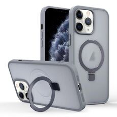 Per iPhone 11 Pro Max Custodia per telefono con supporto MagSafe ad anello effetto pelle (grigio titanio)