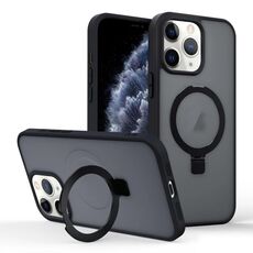 Per iPhone 11 Pro Max Custodia per telefono con supporto MagSafe ad anello effetto pelle (nero)