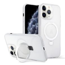 Per iPhone 11 Pro Max Custodia per telefono con supporto MagSafe ad anello effetto pelle (bianco trasparente)