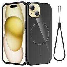 Per iPhone 15 Plus Custodia per telefono antiurto in TPU lucido MagSafe con cordino (nero)
