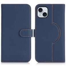 Per iPhone 15 Plus / 14 Plus Custodia per telefono MagSafe in vera pelle con portafoglio per carte (Litchi blu scuro)