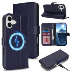 Per iPhone 16 Plus Custodia per telefono MagSafe in vera pelle con portafoglio per carte (blu scuro)