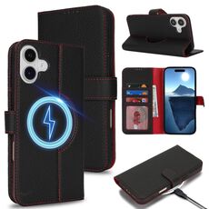 Per iPhone 16 Plus Custodia per telefono MagSafe in vera pelle con portafoglio per carte (nero litchi)
