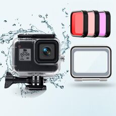 Custodia impermeabile da 45 m + cover posteriore touch + filtro per lenti viola rosso rosa per GoPro HERO8 Black