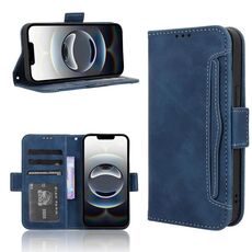 Per iPhone 16e Custodia in pelle con slot per schede e texture in vitello (blu)