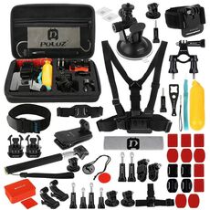 PULUZ 53 in 1 Kit di accessori Total Ultimate Combo con custodia in EVA (fascia toracica + supporto a ventosa + bracci girevoli a 3 vie + fibbia a J + cinturino da polso + cinturino per casco + monopiede estensibile + supporti di superficie + adattatori per treppiede + borsa portaoggetti + supporto per manubrio) per GoPro, Insta360, DJI e altre action cam