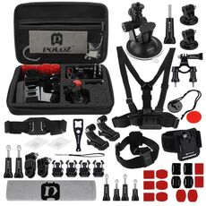 PULUZ 45 in 1 Kit di accessori Ultimate Combo con custodia in EVA (fascia toracica + supporto a ventosa + bracci girevoli a 3 vie + fibbia a J + cinturino da polso + cinturino per casco + supporti di superficie + adattatore per treppiede + borsa portaoggetti + supporto per manubrio + chiave inglese) per GoPro, Insta360, DJI e altre action cam