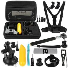 Kit combo di accessori PULUZ 20 in 1 con custodia in EVA (fascia toracica + fascia per la testa + supporto a ventosa + braccio girevole a 3 vie + fibbie a J-Hook + monopiede estensibile + adattatore per treppiede + impugnatura galleggiante + borsa portaoggetti + chiave inglese) per GoPro, Insta360, DJI e altre action cam