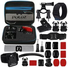 PULUZ 24 in 1 Kit di accessori per supporto bici con custodia in EVA (cinturino da polso + cinturino per casco + braccio di estensione + fibbie a sgancio rapido + supporti di superficie + adesivi + adattatore per treppiede + borsa portaoggetti + supporto per manubrio + viti) per GoPro, Insta360, DJI e altre action cam