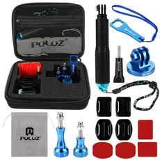 Kit combo di accessori in metallo CNC PULUZ 16 in 1 con custodia in EVA (viti + supporti di superficie + adattatore per treppiede + monopiede estensibile + borsa portaoggetti + chiave inglese) per GoPro, Insta360, DJI e altre action camera