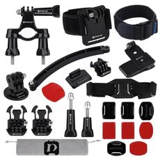 Kit combo di accessori per supporto bici PULUZ 24 in 1 (cinturino da polso + cinturino per casco + braccio di estensione + fibbie a sgancio rapido + supporti di superficie + adesivi + adattatore per treppiede + borsa portaoggetti + supporto per manubrio + viti) per GoPro, Insta360, DJI e altre action cam