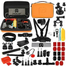 PULUZ 53 in 1 Kit di accessori Total Ultimate Combo con custodia in EVA arancione (fascia toracica + supporto a ventosa + bracci girevoli a 3 vie + fibbia a J-Hook + cinturino da polso + cinturino per casco + monopiede estensibile + supporti di superficie + adattatori per treppiede + borsa portaoggetti + supporto per manubrio) per GoPro, Insta360, DJI e altre action cam