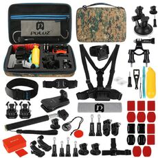 PULUZ 53 in 1 Kit di accessori Total Ultimate Combo con custodia EVA mimetica (fascia toracica + supporto a ventosa + bracci girevoli a 3 vie + fibbia a J + cinturino da polso + cinturino per casco + monopiede estensibile + supporti di superficie + adattatori per treppiede + borsa portaoggetti + supporto per manubrio) per GoPro, Insta360, DJI e altre action camera