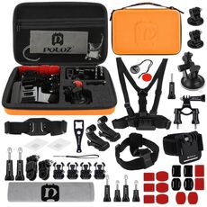 PULUZ 45 in 1 Kit di accessori Ultimate Combo con custodia in EVA arancione (fascia toracica + supporto a ventosa + bracci girevoli a 3 vie + fibbia a J + cinturino da polso + cinturino per casco + supporti di superficie + adattatore per treppiede + borsa portaoggetti + supporto per manubrio + chiave inglese) per GoPro, Insta360, DJI e altre action cam