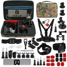 PULUZ 45 in 1 Kit di accessori Ultimate Combo con custodia EVA mimetica (fascia toracica + supporto a ventosa + bracci girevoli a 3 vie + fibbia a J + cinturino da polso + cinturino per casco + supporti di superficie + adattatore per treppiede + borsa portaoggetti + supporto per manubrio + chiave inglese) per GoPro, Insta360, DJI e altre action cam