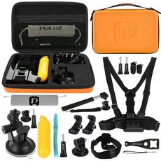 Kit combo di accessori PULUZ 20 in 1 con custodia in EVA arancione (fascia toracica + fascia per la testa + supporto a ventosa + braccio girevole a 3 vie + fibbie a J-Hook + monopiede estensibile + adattatore per treppiede + impugnatura galleggiante + borsa portaoggetti + chiave inglese) per GoPro, Insta360, DJI e altre action cam