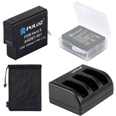 PULUZ 4 in 1 AHDBT-501 3.85V 1220mAh Batteria + AHDBT-501 Caricabatteria a 3 canali + Borsa in rete + Kit portabatteria per GoPro HERO7 / 6/5