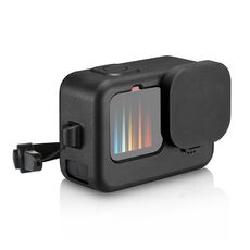 PULUZ per GoPro HERO12 Nero/11 Nero/10 Nero/9 Nero Custodia protettiva in silicone + Copertura interfaccia laterale POM con cinturino da polso e copriobiettivo (Nero)