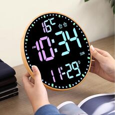 Orologio da parete RGB da 11,6 pollici con telecomando, sveglia multifunzionale in bambù + nero