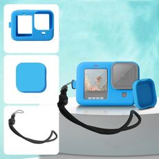 Custodia protettiva in silicone nera per GoPro HERO9 con cinturino da polso e copriobiettivo (blu)