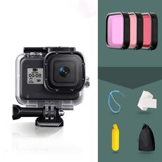 Per GOPRO HERO8 Black 45m custodia protettiva in custodia impermeabile 45m con fibbia Basic Mount & Screw & (viola, rossa, rosa) Filtri e galleggianti Bobber Grip & Strap & Anti-Fog Inserts (trasparente)