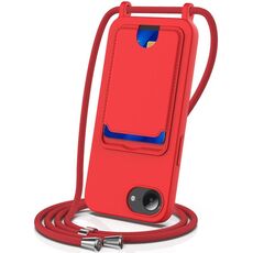 Per iPhone 16e Custodia per telefono in silicone liquido tinta unita con custodia per carte integrata con cordino (rosso)