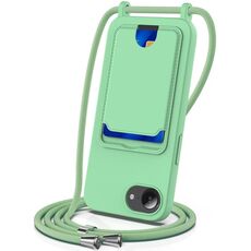 Per iPhone 16e Custodia per telefono in silicone liquido tinta unita con custodia per carte integrata con cordino (verde)