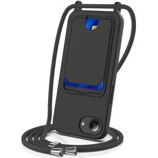 Per iPhone 16e Custodia per telefono in silicone liquido tinta unita con custodia per carte integrata con cordino (nero)