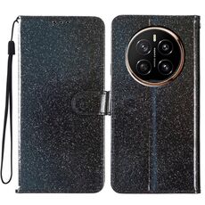 Custodia per telefono in pelle flip glitterata For Honor Magic7 (nera)