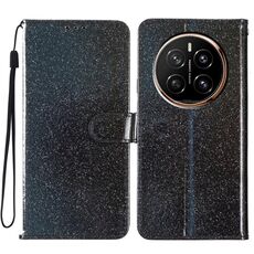 Custodia per telefono in pelle flip glitterata For Honor Magic7 Pro (nera)
