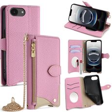 Per iPhone 16e Custodia per telefono in pelle Litchi a coda di pesce con tracolla a catena (rosa)