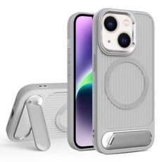 Per iPhone 14 Plus Vertical Lines Invisible Flat Holder MagSafe Custodia per telefono (grigio)