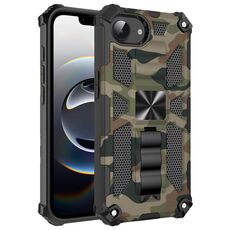Per iPhone 16e Camouflage Armor Kickstand TPU Hybrid PC Custodia magnetica per telefono (verde militare)