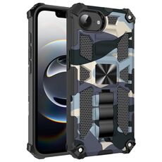 Per iPhone 16e Camouflage Armor Kickstand TPU Hybrid PC Custodia magnetica per telefono (blu navy)