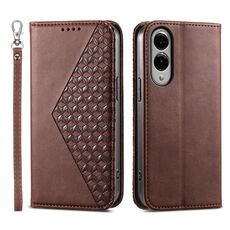 Per Samsung Galaxy S25 Edge 5G Custodia per telefono magnetica in pelle di vitello con griglia cubica (marrone)