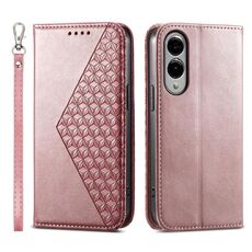 Per Samsung Galaxy S25 Edge 5G Custodia per telefono magnetica in pelle di vitello con griglia cubica (oro rosa)