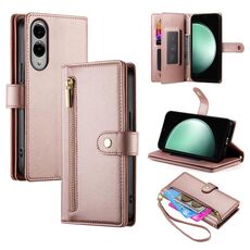 Per Samsung Galaxy S25 Edge 5G Custodia in pelle con cerniera e nove slot per schede (rosa)