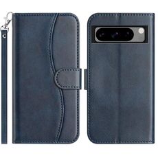Per Google Pixel 8 Pro Custodia per telefono in pelle a forma di S a doppia piega (blu navy)