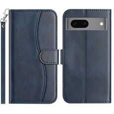 Per Google Pixel 7 Custodia in pelle a forma di S con doppia piegatura (blu navy)